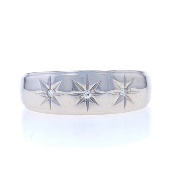 White Gold Diamond Vintage Men's Wedding Band - 14k Starburst Three-Stone Ring